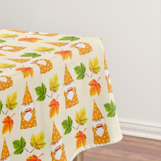 Thanksgiving Gnome and Fall Leaves on Beige Tablecloth (In Situ)