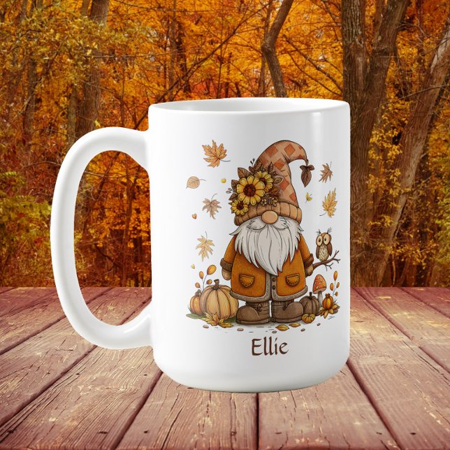 Thanksgiving Gnome Pumpkin Autumn Leaves Coffee Mug (Autumn/fall gnome mug personalized with a name)