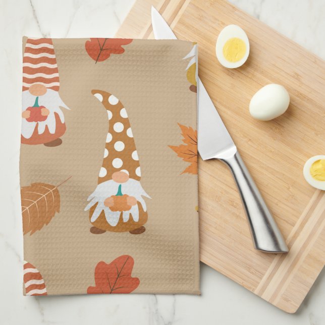 Thanksgiving Gnomes with Autumn Leaves   Tea Towel (Quarter Fold)