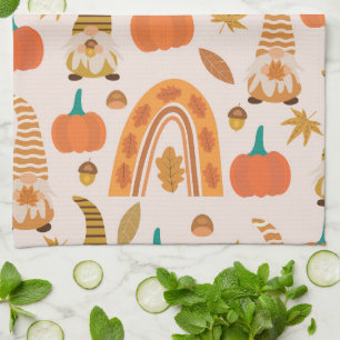 Thanksgiving Gnomes With Pumpkins and Leaves  Tea Towel