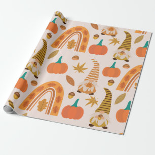 Thanksgiving Gnomes with Rainbow and Autumn Leaves Wrapping Paper