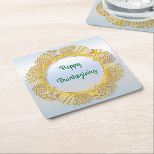 Thanksgiving Gold Lace Geometric Circle on Silver Square Paper Coaster