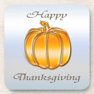 Thanksgiving Golden Pumpkin on Silver Background Coaster