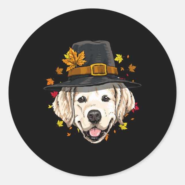 Thanksgiving Golden Retriever Pilgrim Turkey Day A Classic Round Sticker (Front)