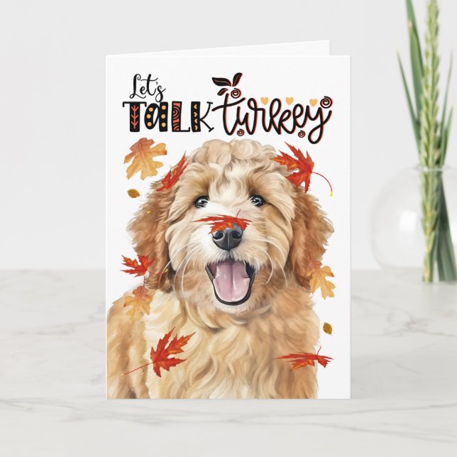 Thanksgiving Goldendoodle Dog Let's Talk Turkey Holiday Card (Front)