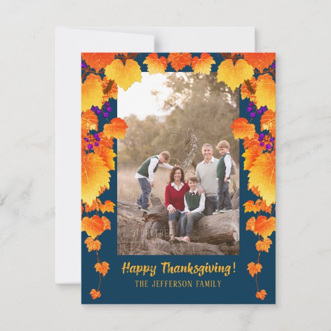 Thanksgiving Grape Orange Gold Leaves Blue Photo Holiday Card (Front)