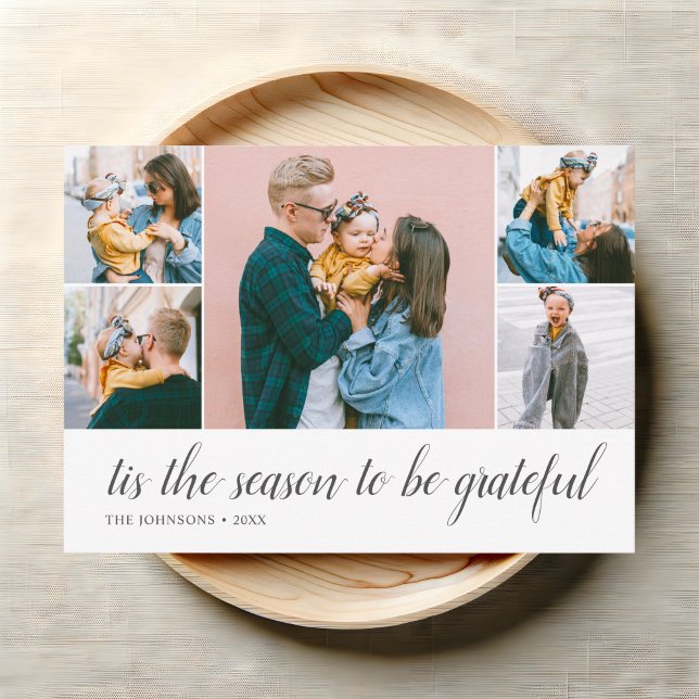 Thanksgiving Grateful Script Photo Collage Holiday Card (Creator Uploaded)