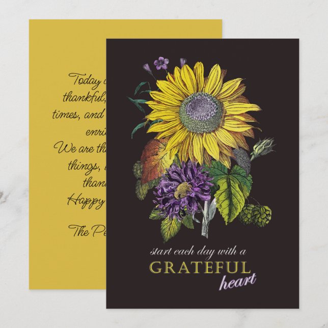 Thanksgiving Grateful Vintage Sunflower Floral Holiday Card (Front/Back)