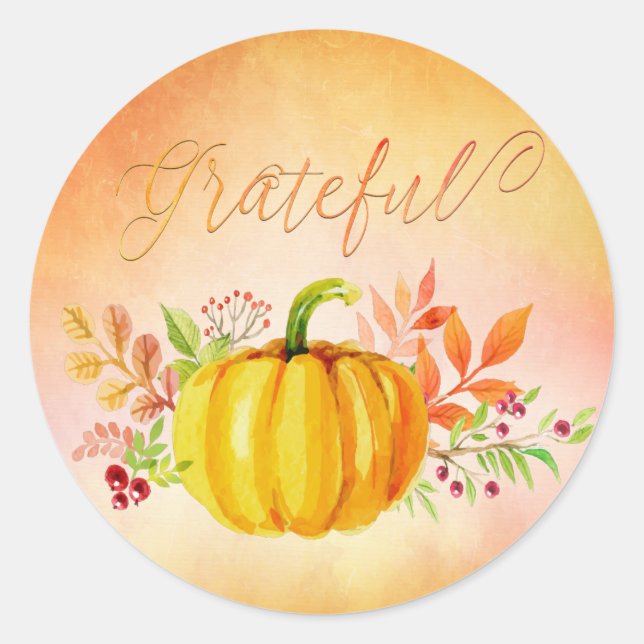 Thanksgiving "Grateful" Watercolors Classic Round Sticker (Front)