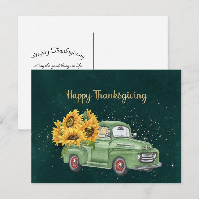 Thanksgiving Green Truck Sunflowers Business Holiday Postcard (Front/Back)