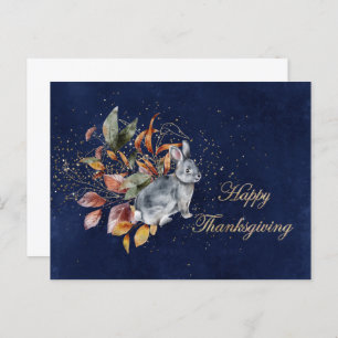 Thanksgiving Grey Rabbit Leaves Blue Business Holiday Postcard