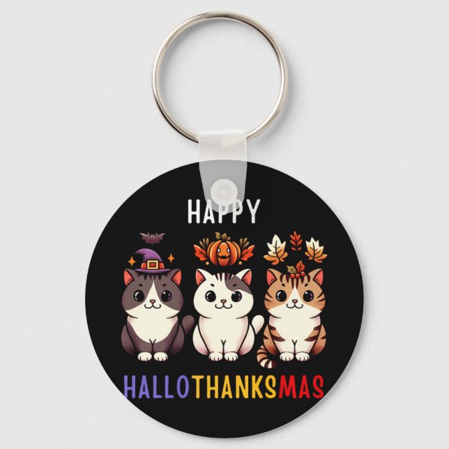 Thanksgiving Halloween Christmas Cats Happy Hallot Key Ring (Front)