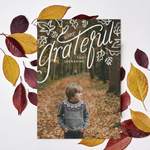 Thanksgiving hand-lettered grateful leaves photo holiday card