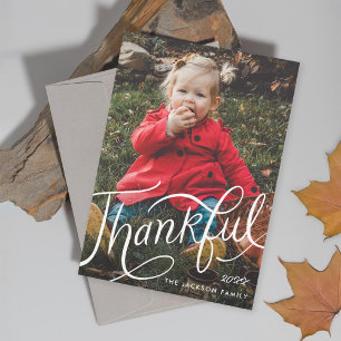 Thanksgiving hand-lettered thankful photo holiday card