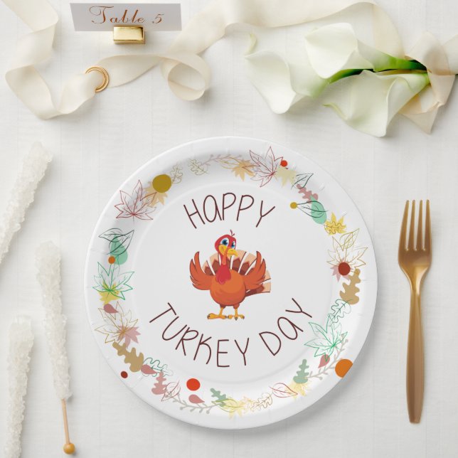 Thanksgiving Happy Turkey Day Autumn Leaves Paper Plate (Wedding)