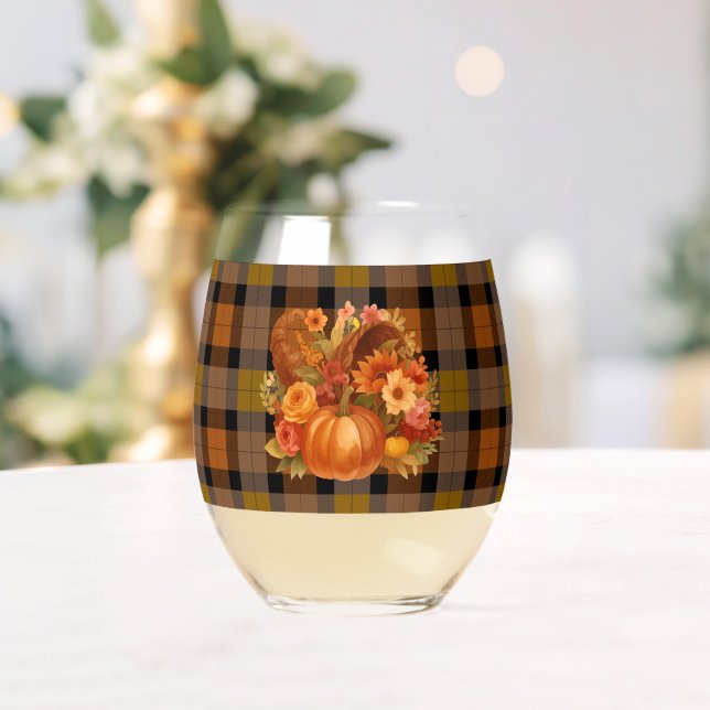 Thanksgiving Harvest Cornucopia On Plaid Stemless Wine Glass (Insitu (Wedding))