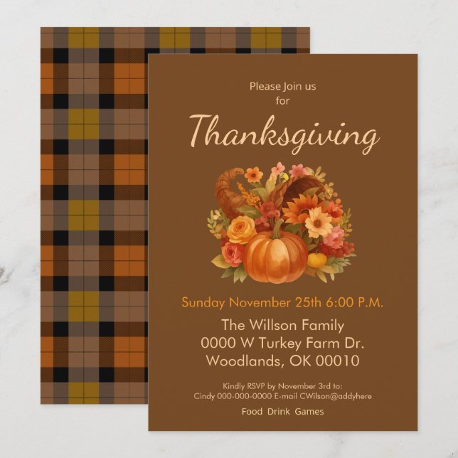 Thanksgiving Harvest Dinner Invitation (Front/Back)