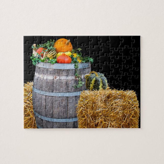 Thanksgiving Harvest Scene with Barrel and Produce Jigsaw Puzzle (Horizontal)