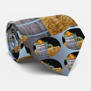 Thanksgiving Harvest Scene with Barrel and Produce Tie