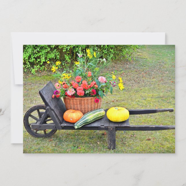 Thanksgiving Harvest Scene with Wheelbarrow Holiday Card (Front)