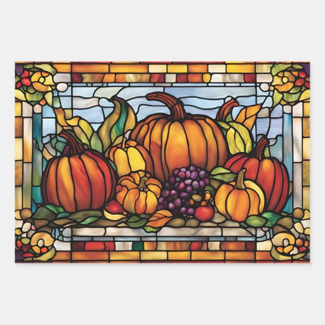 Thanksgiving Harvest, Stained Glass, Wrapping Paper Sheet (Front)