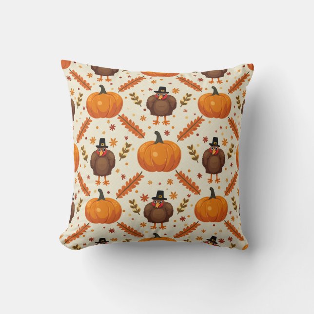Thanksgiving Harvest Turkey & Pumpkin Pattern Pill Cushion (Front)