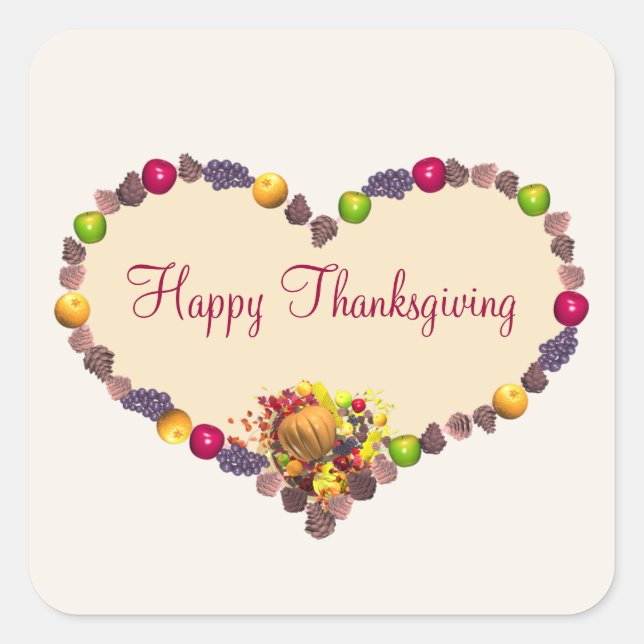 Thanksgiving Heart and Cornucopia Square Sticker (Front)