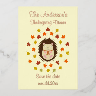 Thanksgiving Hedgehog and fall leaves Custom Foil Holiday Card