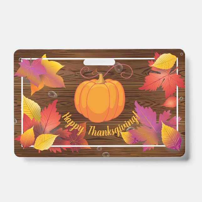Thanksgiving Holiday Fall Maple Leaves, Wood decor ID Badge (Front)