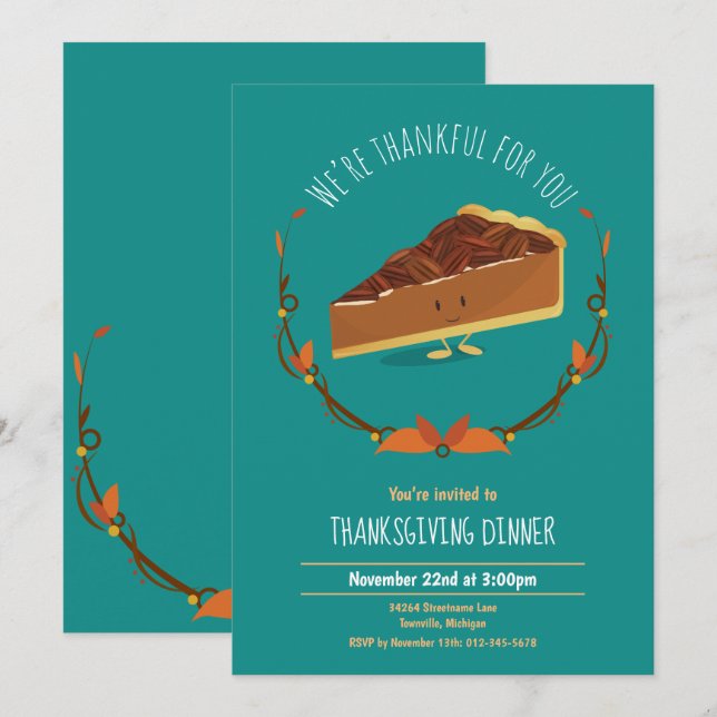 Thanksgiving Holiday Happy Pecan Pie Invite Teal (Front/Back)