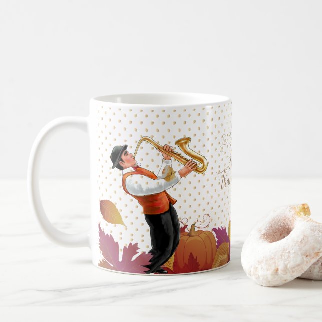 Thanksgiving Holiday Party, Retro Music Jazz Music Coffee Mug (With Donut)