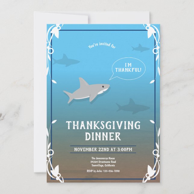 Thanksgiving Holiday Thankful Shark Blue White Invitation (Front)