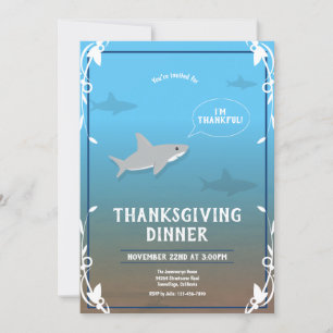 Thanksgiving Holiday Thankful Shark Blue White Invitation