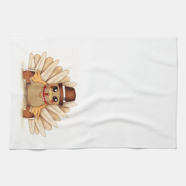 Thanksgiving Holiday Turkey Pilgrim Art Drawing Tea Towel (Horizontal)