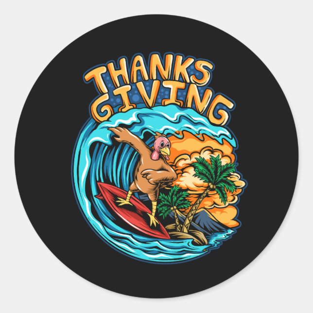 thanksgiving holiday turkey riding a surf board on classic round sticker (Front)