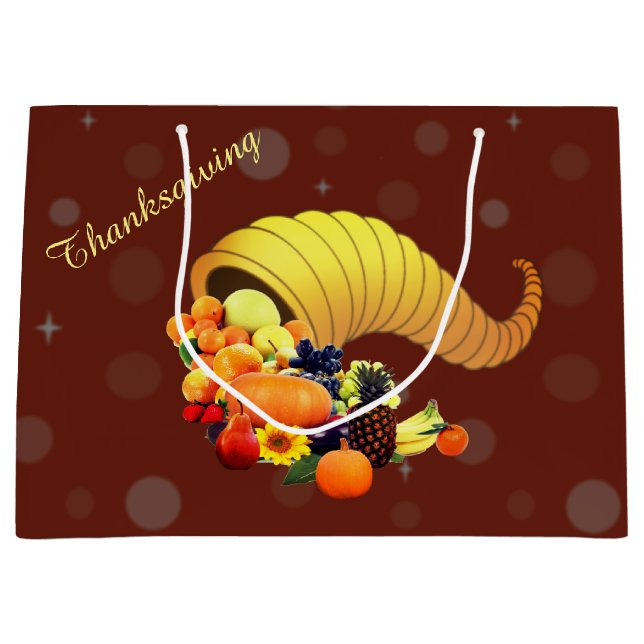 Thanksgiving Horn of Plenty on Brown Large Gift Bag (Front)