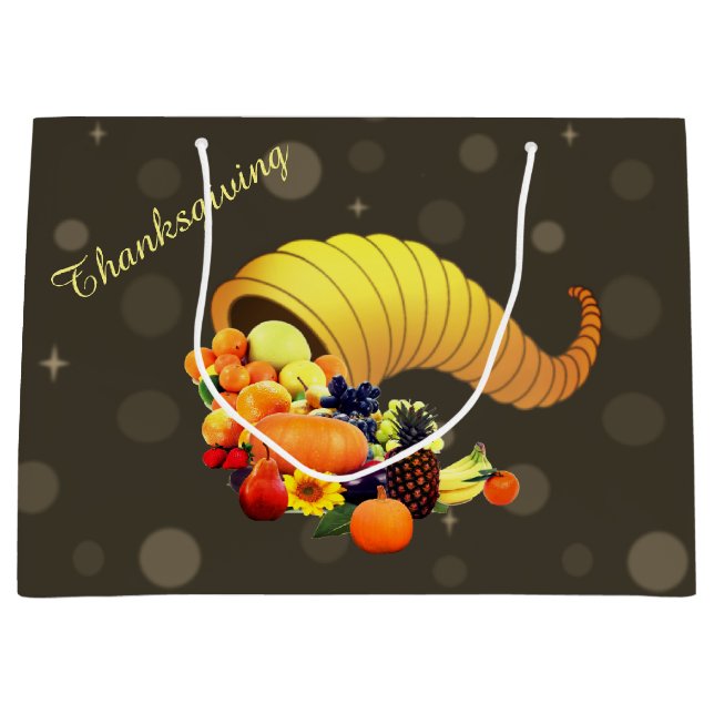 Thanksgiving Horn of Plenty on Coffee Brown Large Gift Bag (Front)