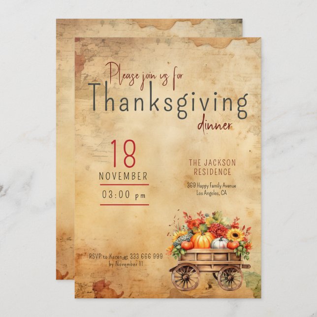 Thanksgiving Invitation Rustic Pumpkin Cart (Front/Back)