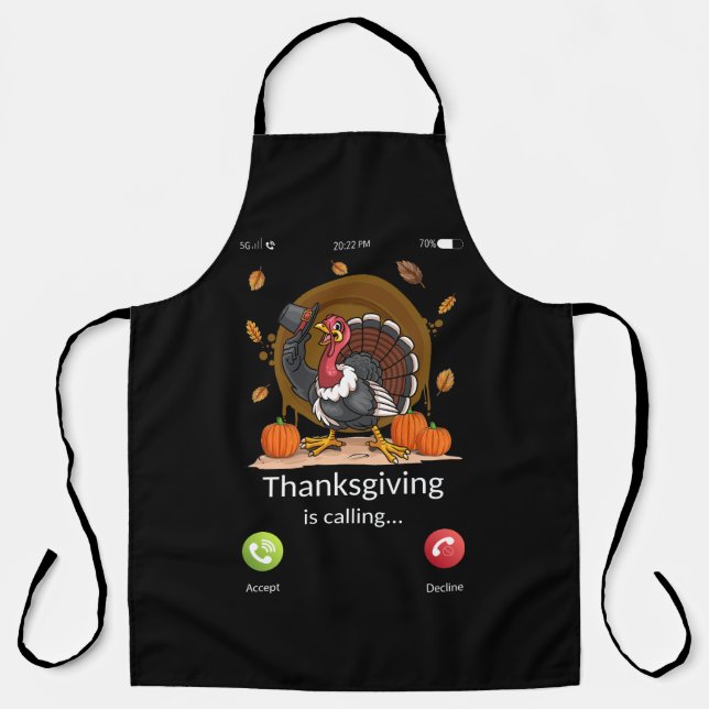 Thanksgiving Is Calling Funny Cartoon Turkey Apron (Front)