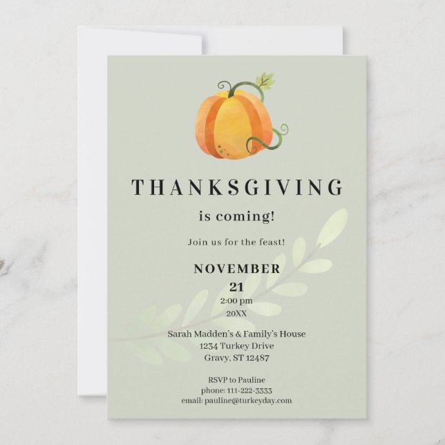 Thanksgiving is Coming! Dinner Pumpkin V3 Invitation (Front)