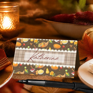 Thanksgiving Kitchen Harvest Pattern with Plaid Place Card