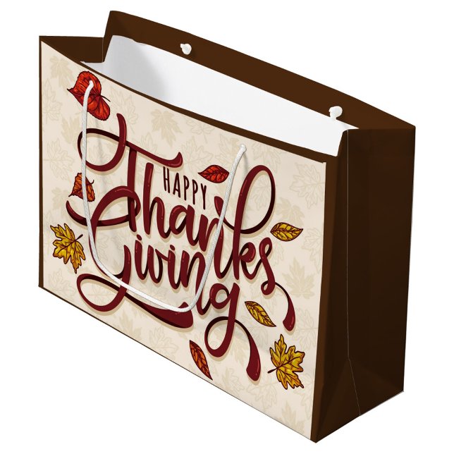 Thanksgiving Large Gift Bag (A digital illustration of "Happy Thanksgiving" in a festive, autumnal style.)