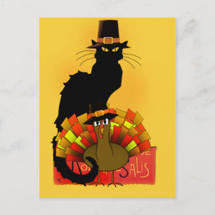 Thanksgiving Le Chat Noir With Turkey Pilgrim Holiday Postcard