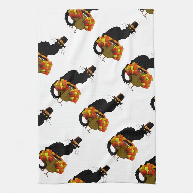 Thanksgiving Le Chat Noir With Turkey Pilgrim Tea Towel (Vertical)