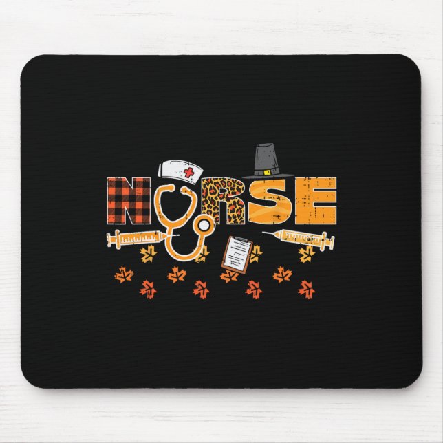 Thanksgiving Leopard Plaid Nurse Fall Scrub Top RN Mouse Mat (Front)