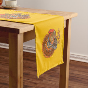 Thanksgiving Male Turkey Colourful Feathers Gold Short Table Runner