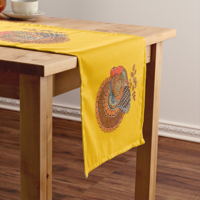 Thanksgiving Male Turkey Colourful Feathers Gold Short Table Runner (In Situ)