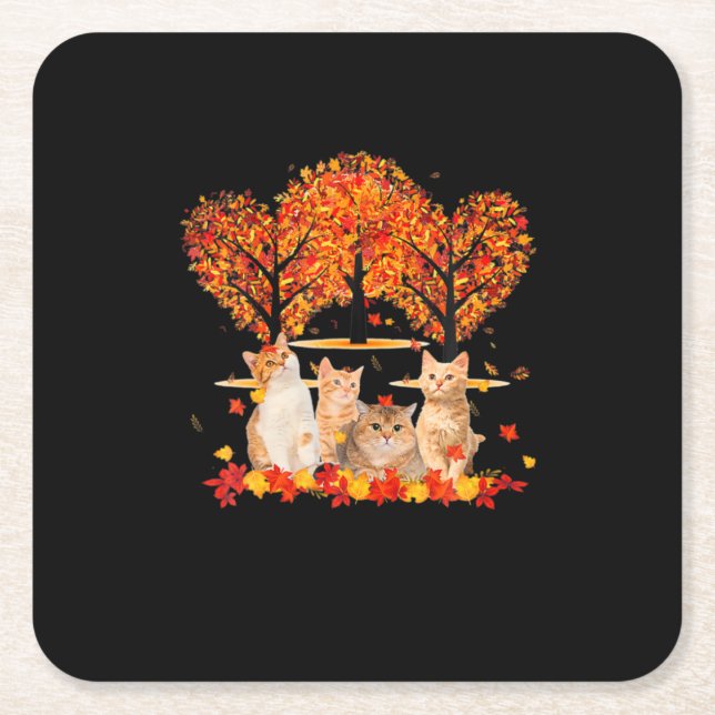 Thanksgiving Maple Cat Heart Shape Tree Leaf Square Paper Coaster (Front)