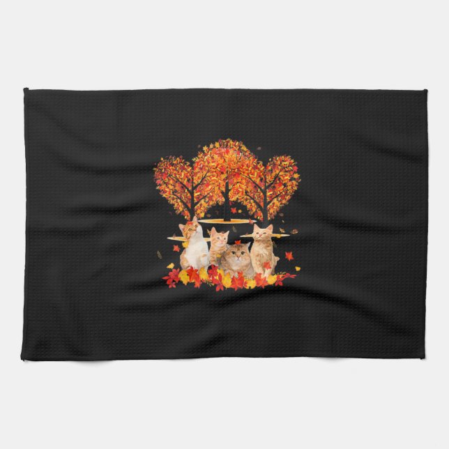 Thanksgiving Maple Cat Heart Shape Tree Leaf Tea Towel (Horizontal)