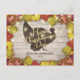 Thanksgiving Maple Leaves Turkey Wood String Light Holiday Postcard
